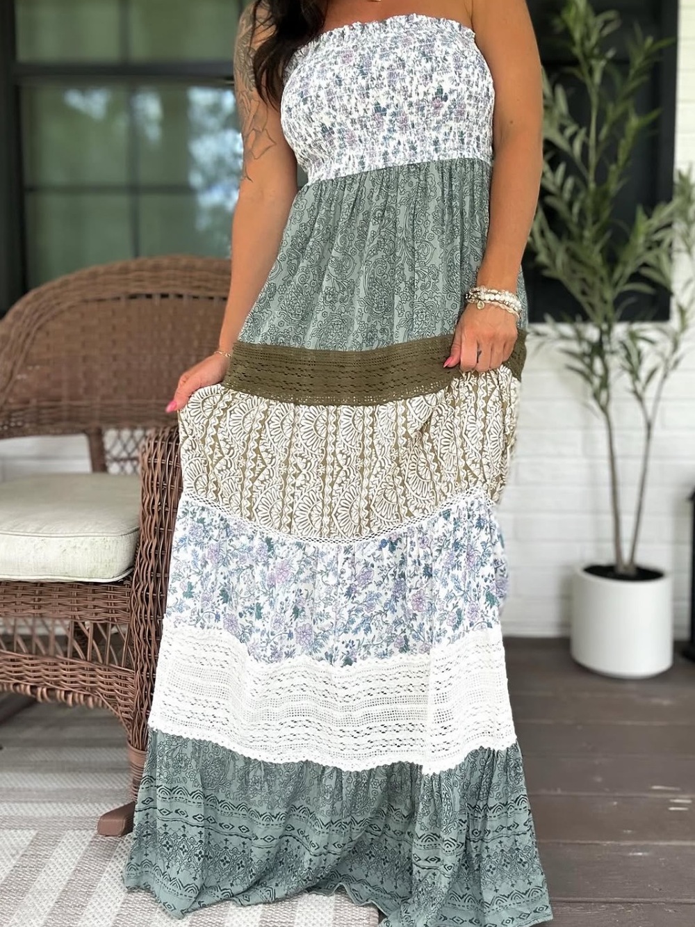 NWT- Angie Strapless Patchwork lace Mixed Print Green Jade Ivory Maxi Dress